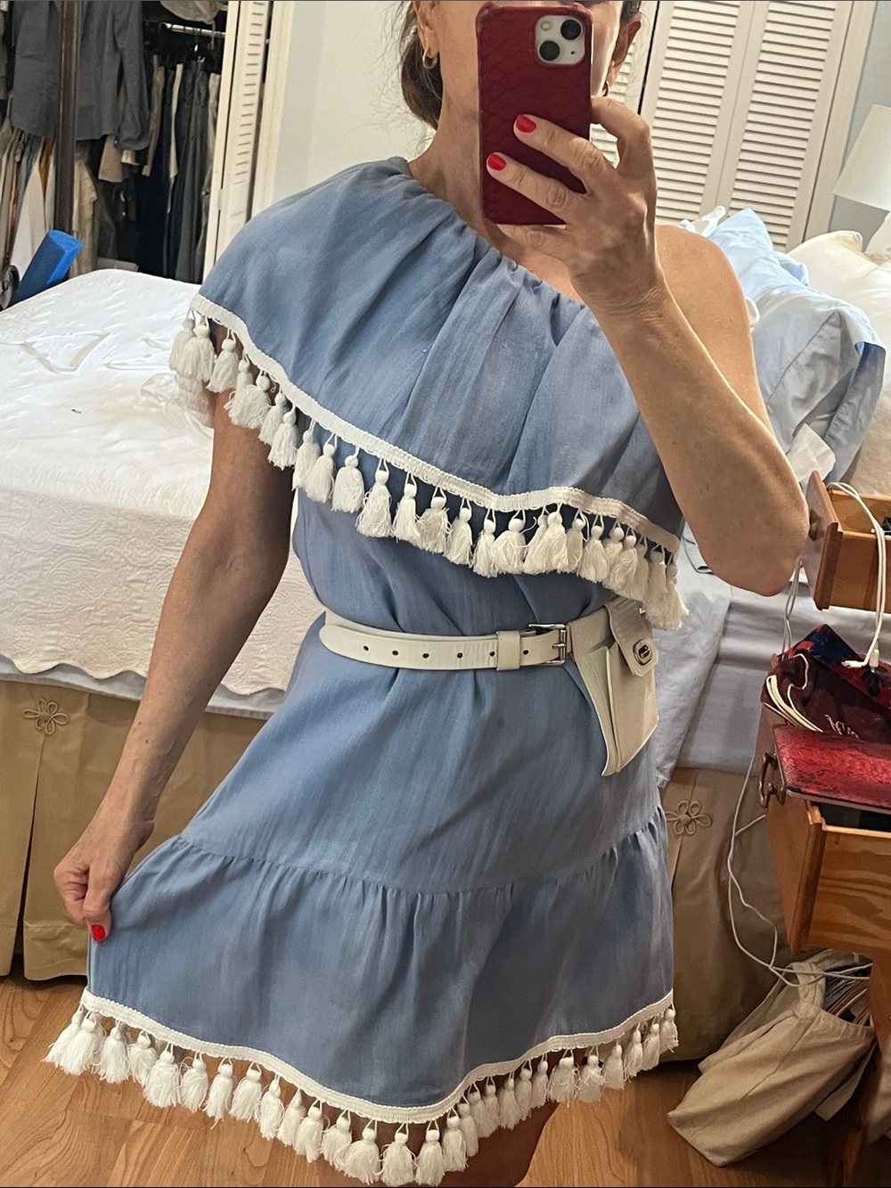FARM Rio White Mini Dress with Blue Embroidery Crosstitch - Picture 9 of 10